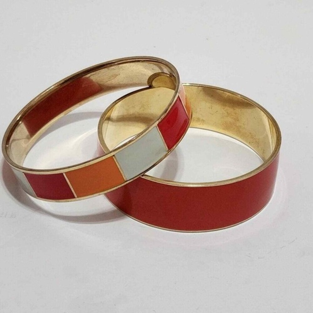 J. Crew Enamel Bangle Bracelet Set Red Orange Colorblock Gold Tone Stackable 2pc